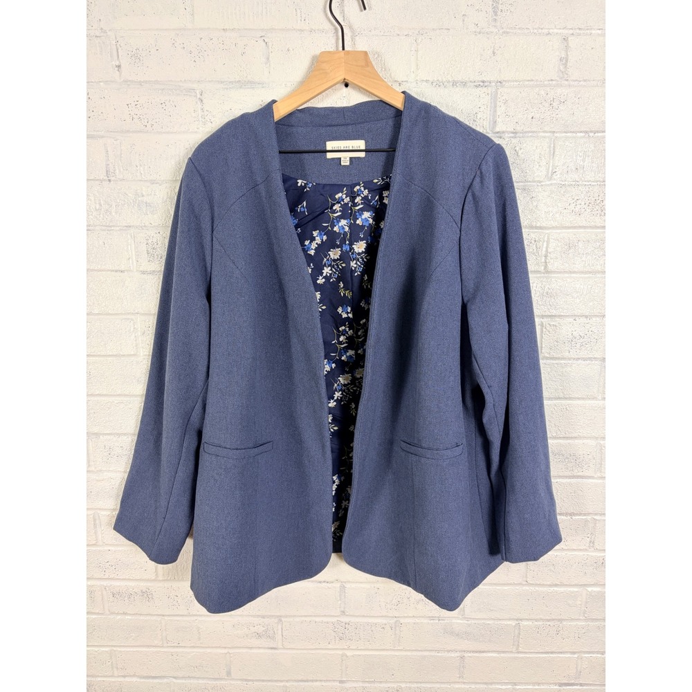 Skies Are Blue Open Front Blazer Women 1X Blue Floral Lined Textured Stretch